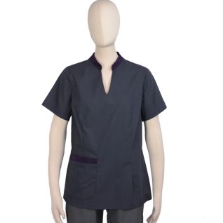 Casaca mujer trabajo cuello mao dos colores gris con detalles en lila | Vittorio Uniformes