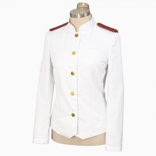 Chaqueta cuello mao mujer blanca con galones granate para uniforme de camarera