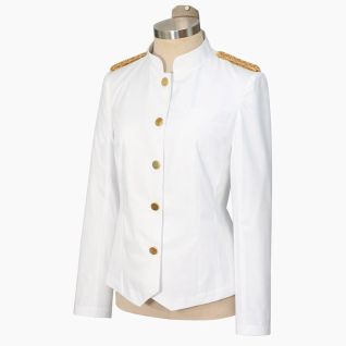 chaqueta cuello mao mujer blanca con galones dorados