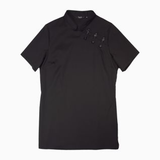 Blusa negra de estilo oriental para uniforme de spa