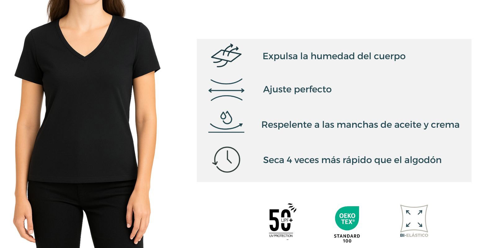Caracteristicas de la camiseta poliamida cuello pico mujer